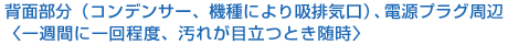 背面部分(コンデンサー、機種により吸排気口)、電源プラグ周辺〈一週間に一回程度、汚れが目立つとき随時〉